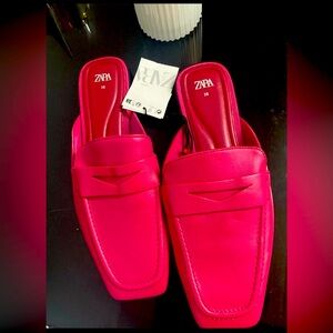Fuchsia ZARA Women's Soft Leather Penny Loafer Flat Mules Sz 7.5